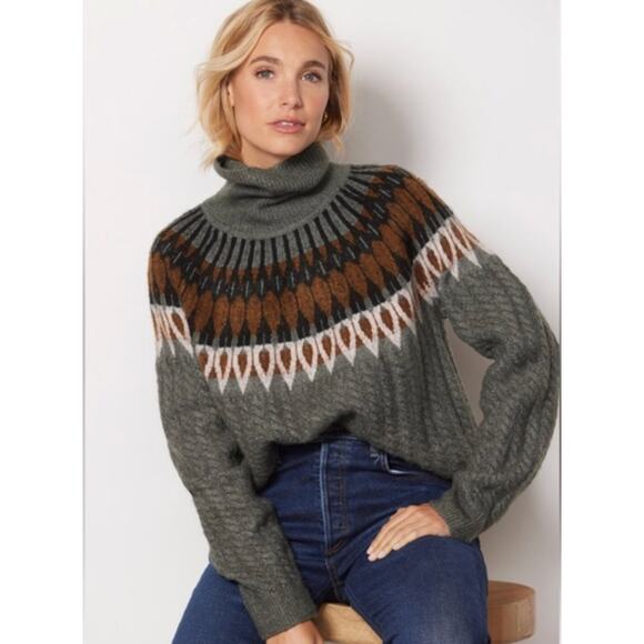 Evereve Hadley Oversized Green Fair Isle Turtleneck Fall Winter Sweater Small - Picture 1 of 5